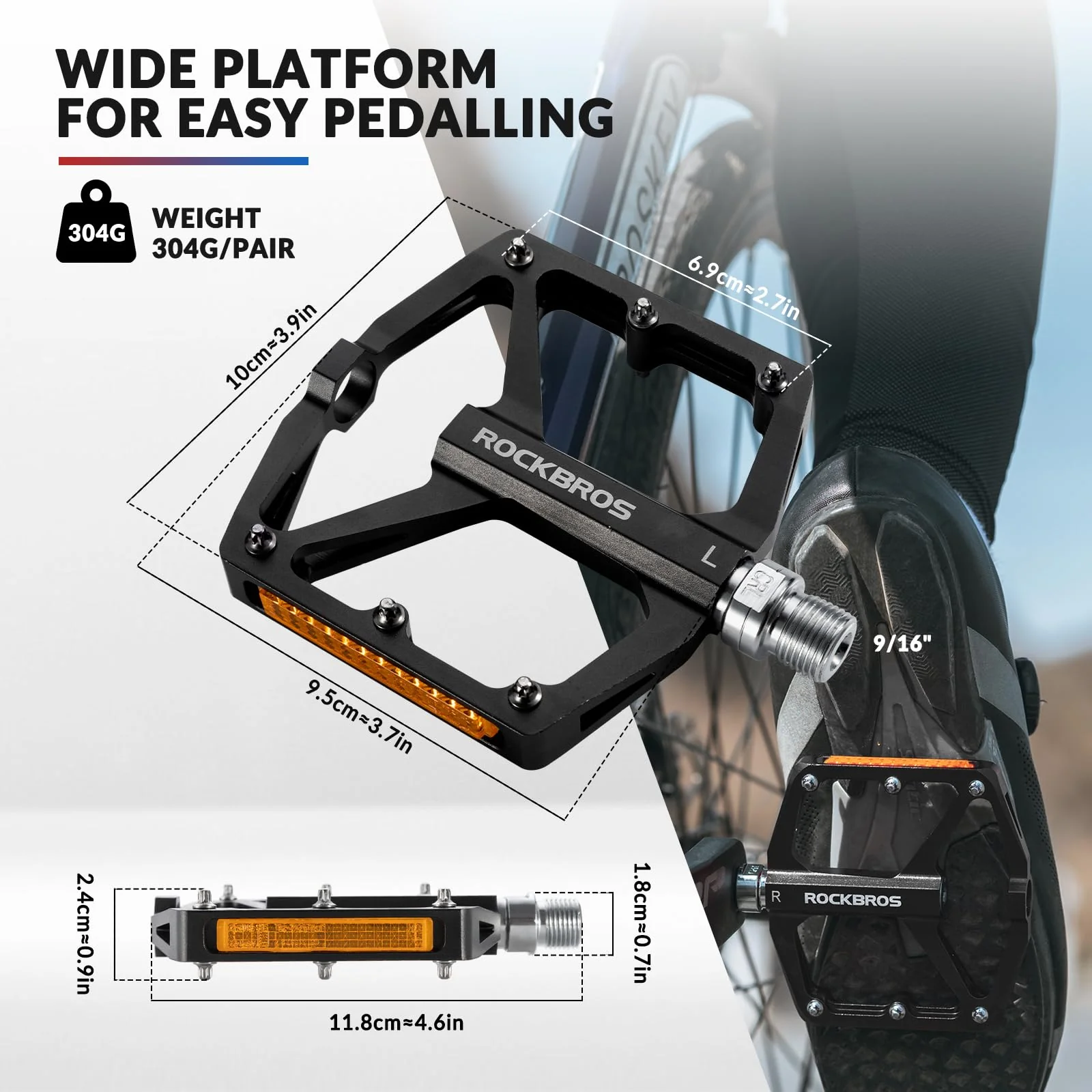 ROCKBROS Bike Pedals Aluminum Alloy Light Flat Pedals with Reflectors - Image 3