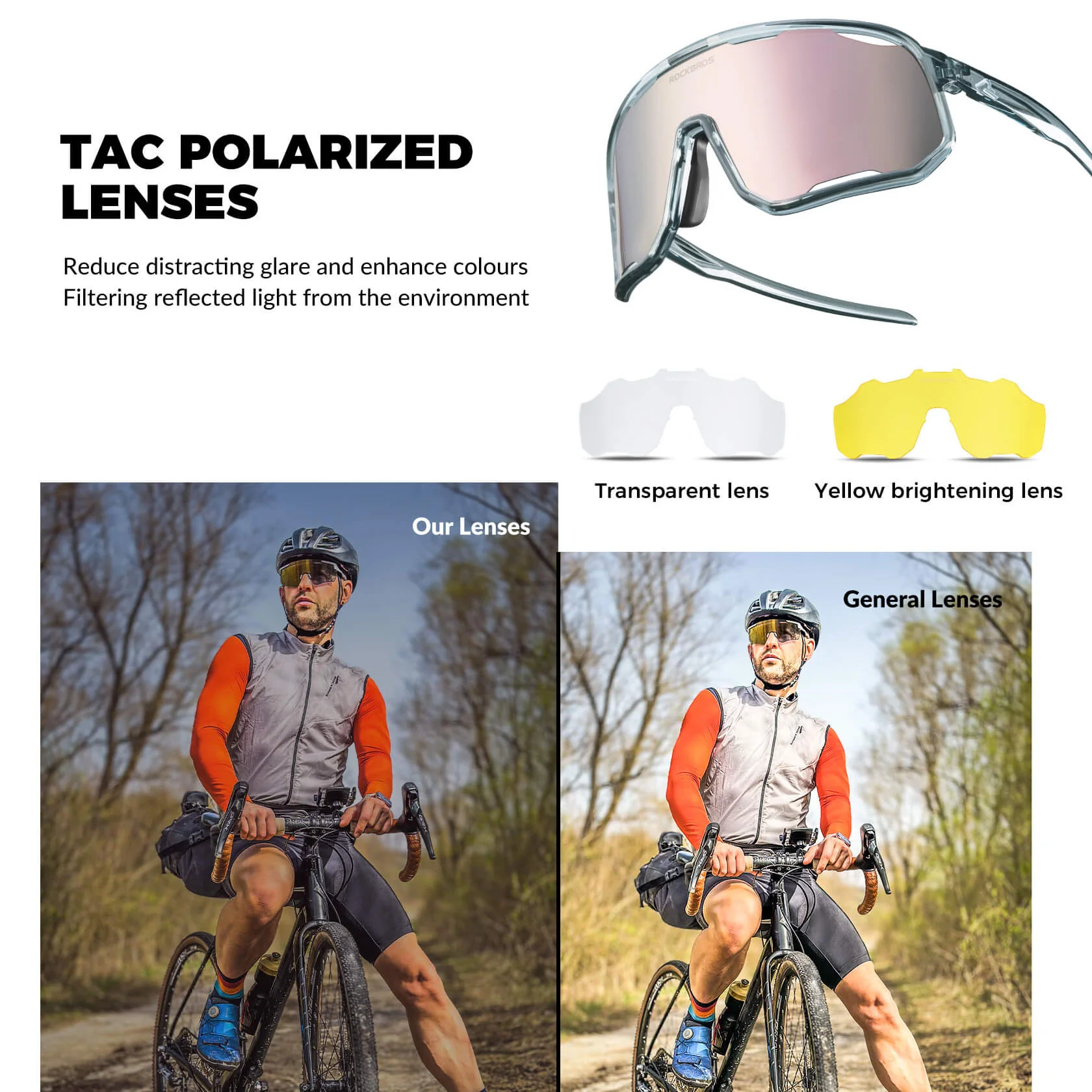 ROCKBROS Polarized Sunglasses UV400 Transparent Cycling Glasses Windproof TR90 Frame - Image 3