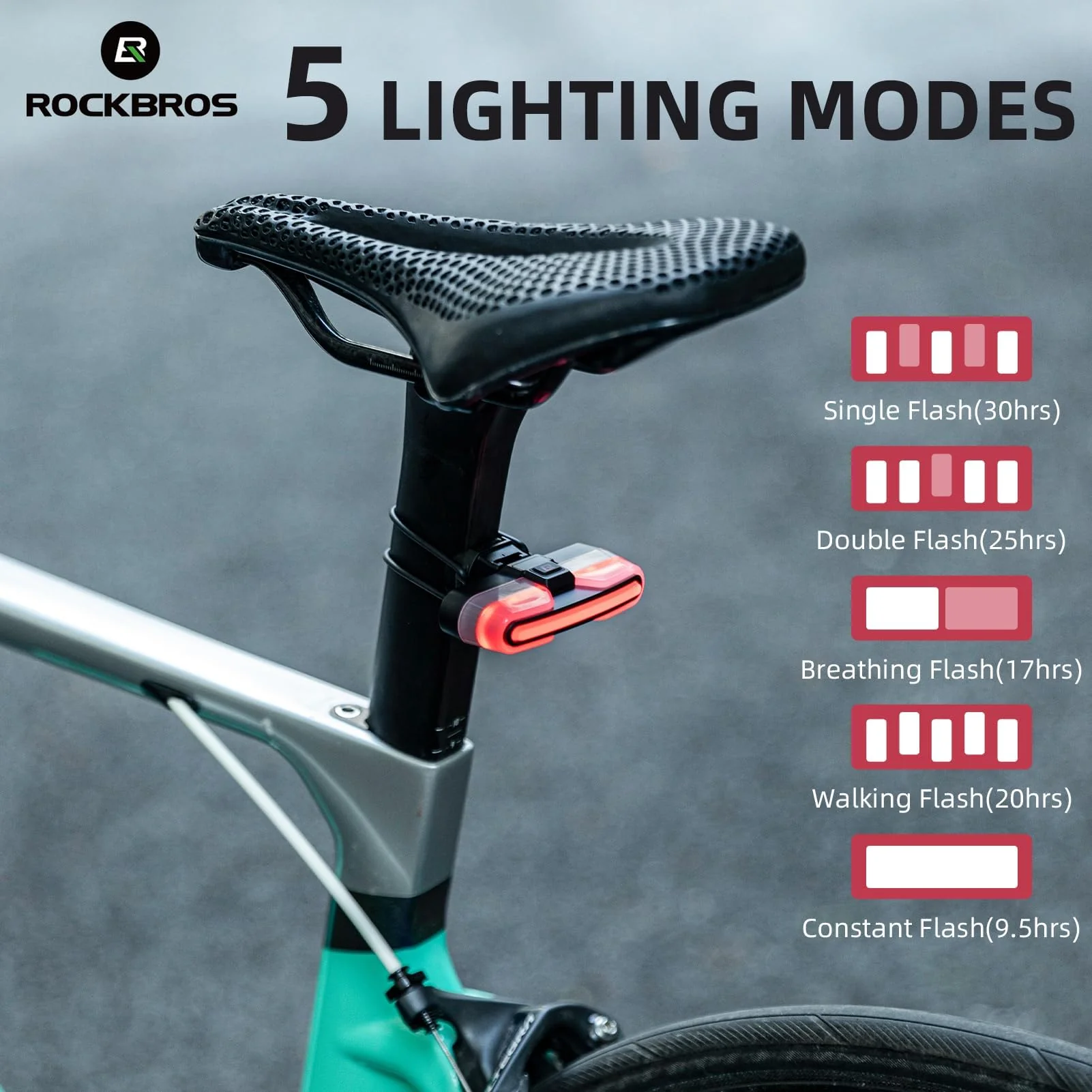 ROCKBROS Rear Bike Light USB Rechargeable with Brake Sensing 5 Modes - Image 5