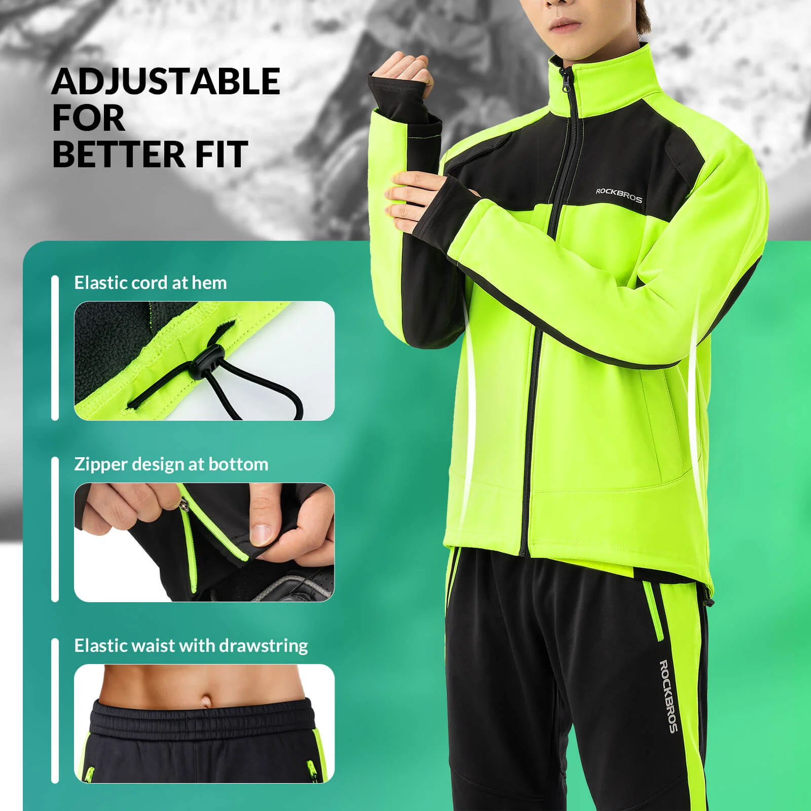 ROCKBROS Winter Thermal Windproof Softshell Cycling Set Bright Green - Image 2
